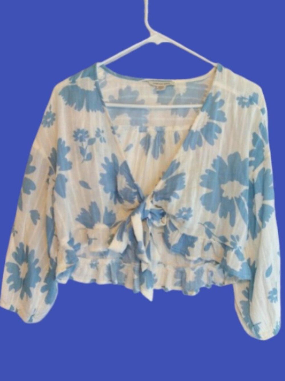 American Eagle Blue Floral Semi‑Sheer Cropped Top Blouse M Boho Cottagecore